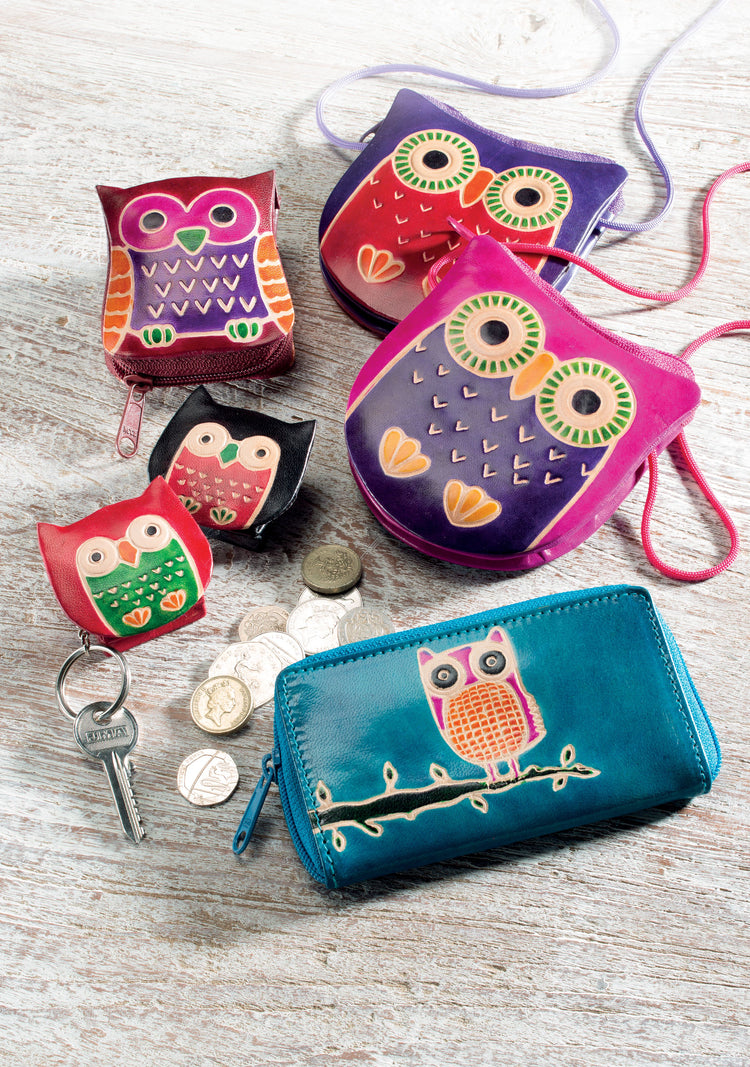 colorful leather owl coin purse and key rings handmade by artisans in india, ethical and fair trade gift set