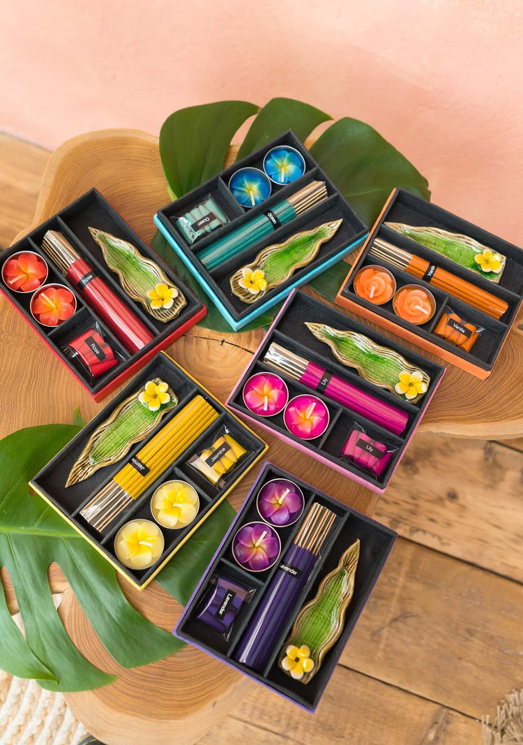 incense gift box with incense cones, incense sticks and ceramic incense holders handmade by artisans ethical and fair trade gift for her