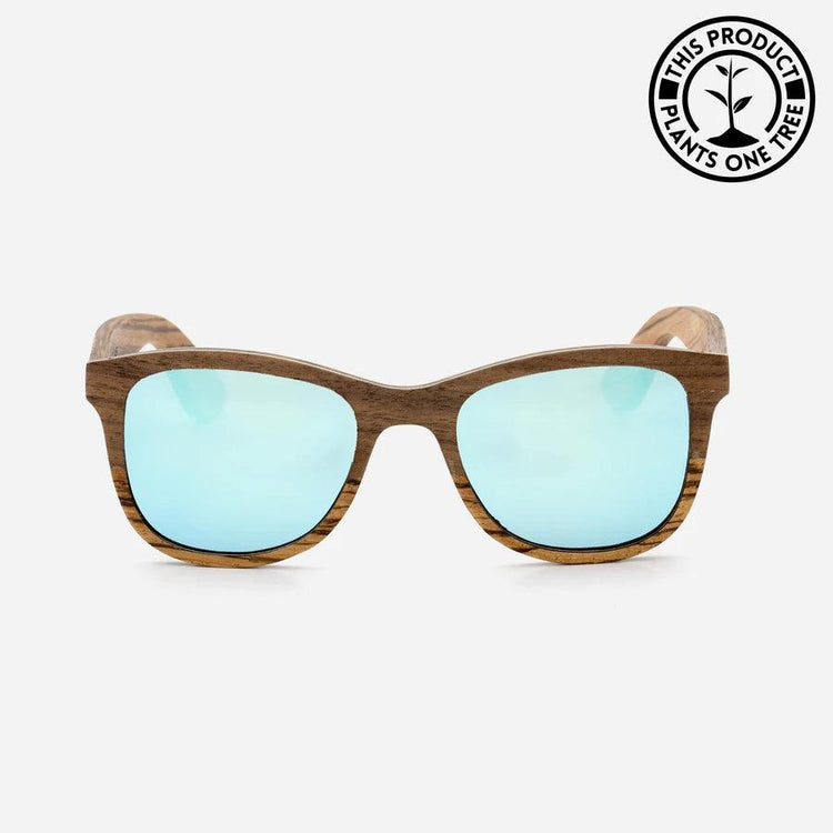 wooden polarised sunglasses in blue shade for beach or fishing in UK