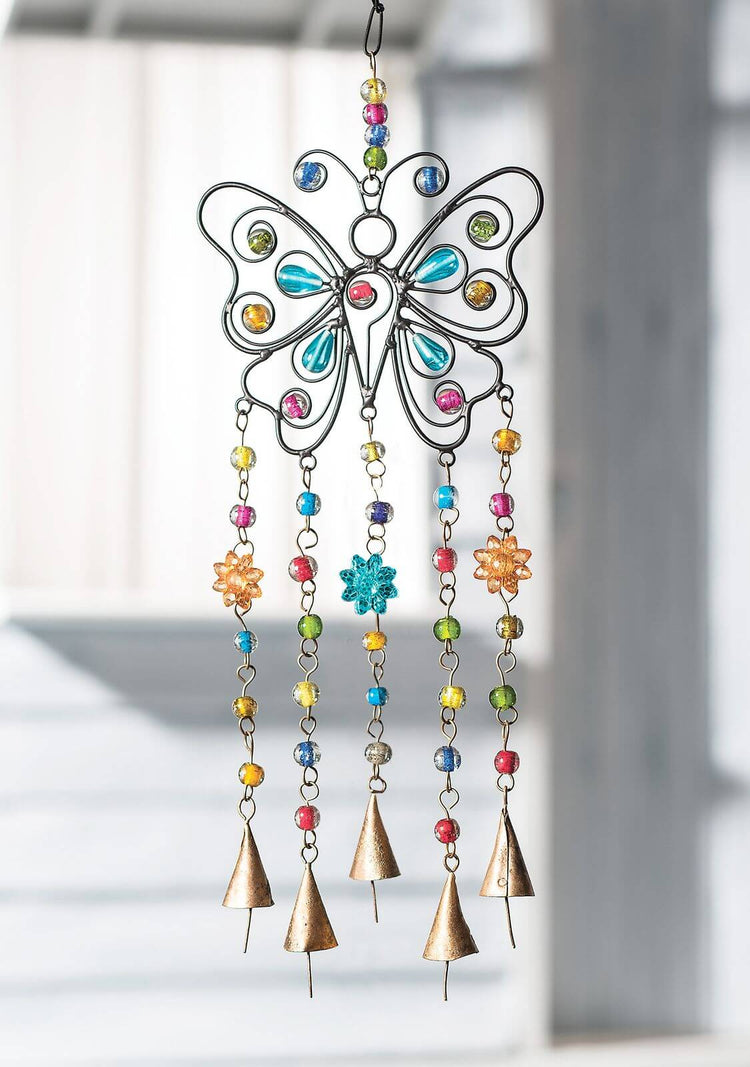 metal butterfly wall hanging wind chime with colorful beads and bells sustainable bohemian and eco friendly