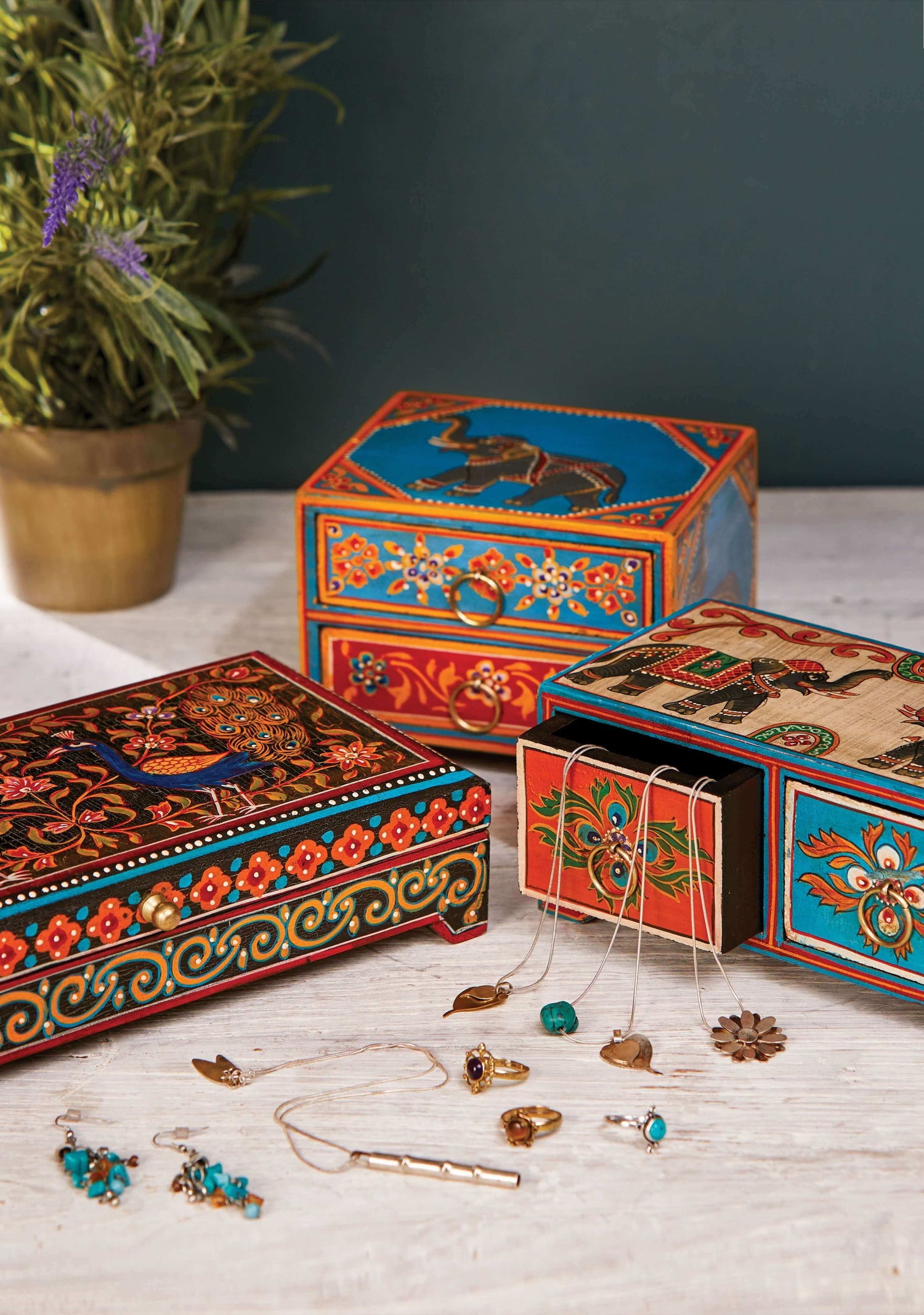 ethical and fair trade handmade wooden jewellery box with peacock and elephant design gift for her 