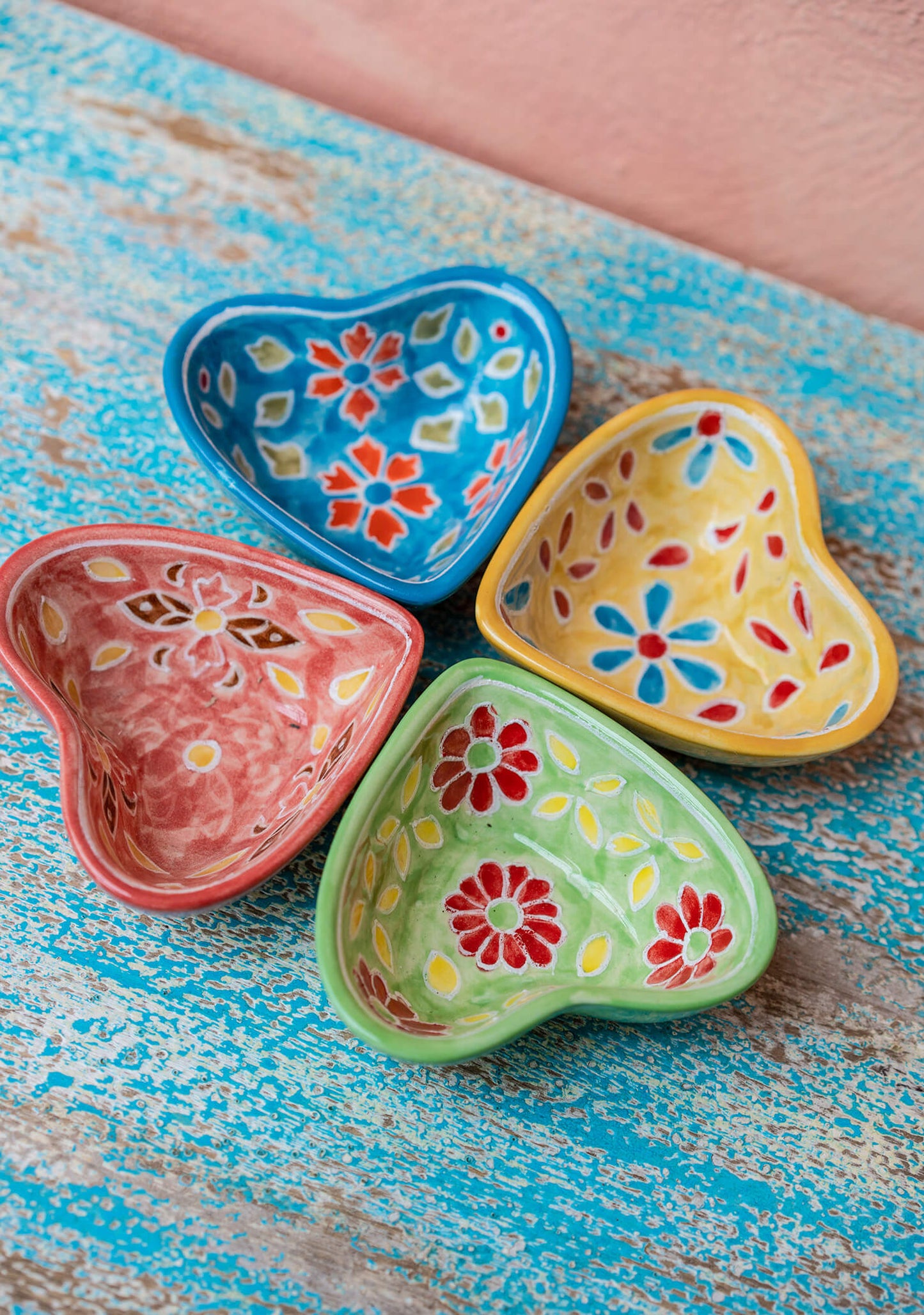 colorful heart ceramic trinket dish, trinket box hand painted by artisans in india. ethical and fair trade gift for mothers day or gift for her. 