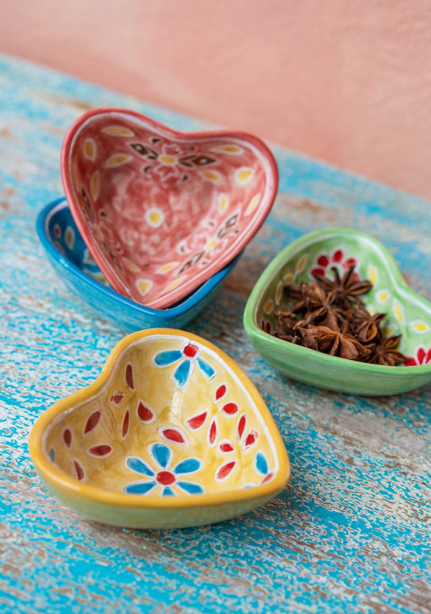 colorful heart ceramic trinket dish, trinket box hand painted by artisans in india. ethical and fair trade gift for mothers day or gift for her.