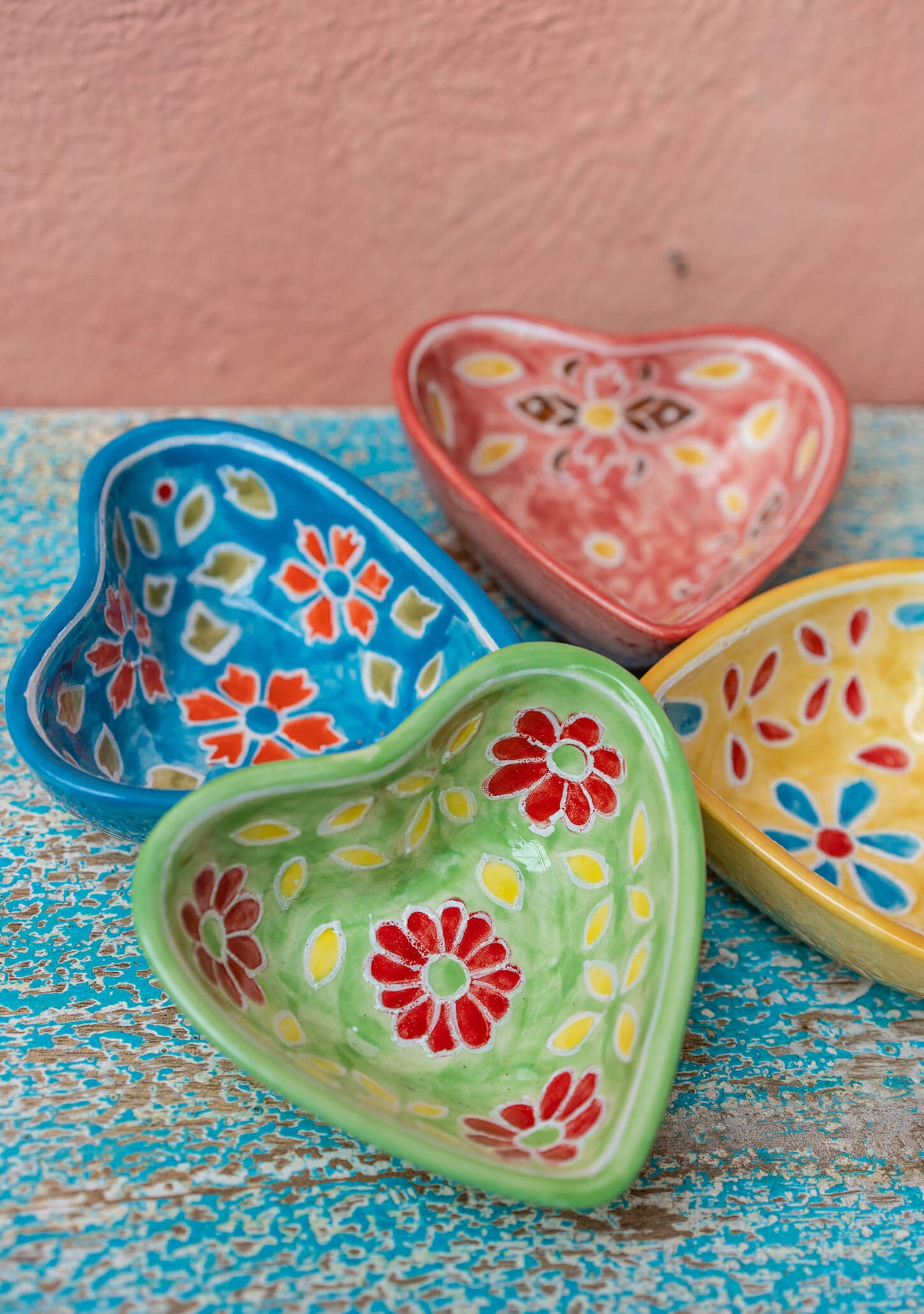 colorful heart ceramic trinket dish, trinket box hand painted by artisans in india. ethical and fair trade gift for mothers day or gift for her.