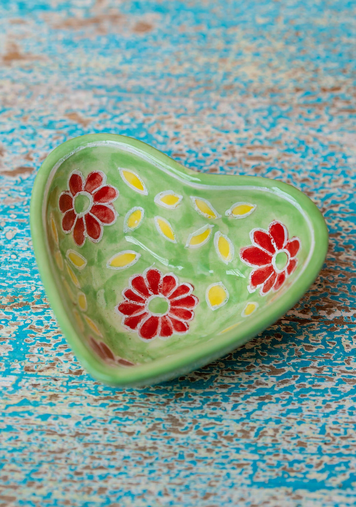 colorful heart ceramic trinket dish, trinket box hand painted by artisans in india. ethical and fair trade gift for mothers day or gift for her. 