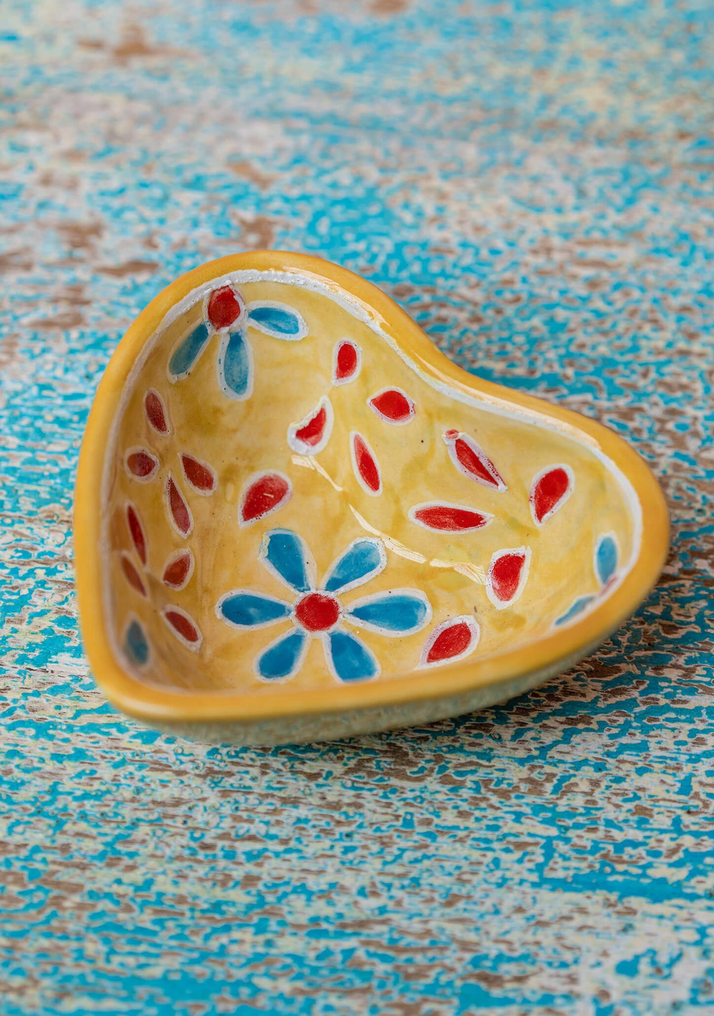 colorful heart ceramic trinket dish, trinket box hand painted by artisans in india. ethical and fair trade gift for mothers day or gift for her. 