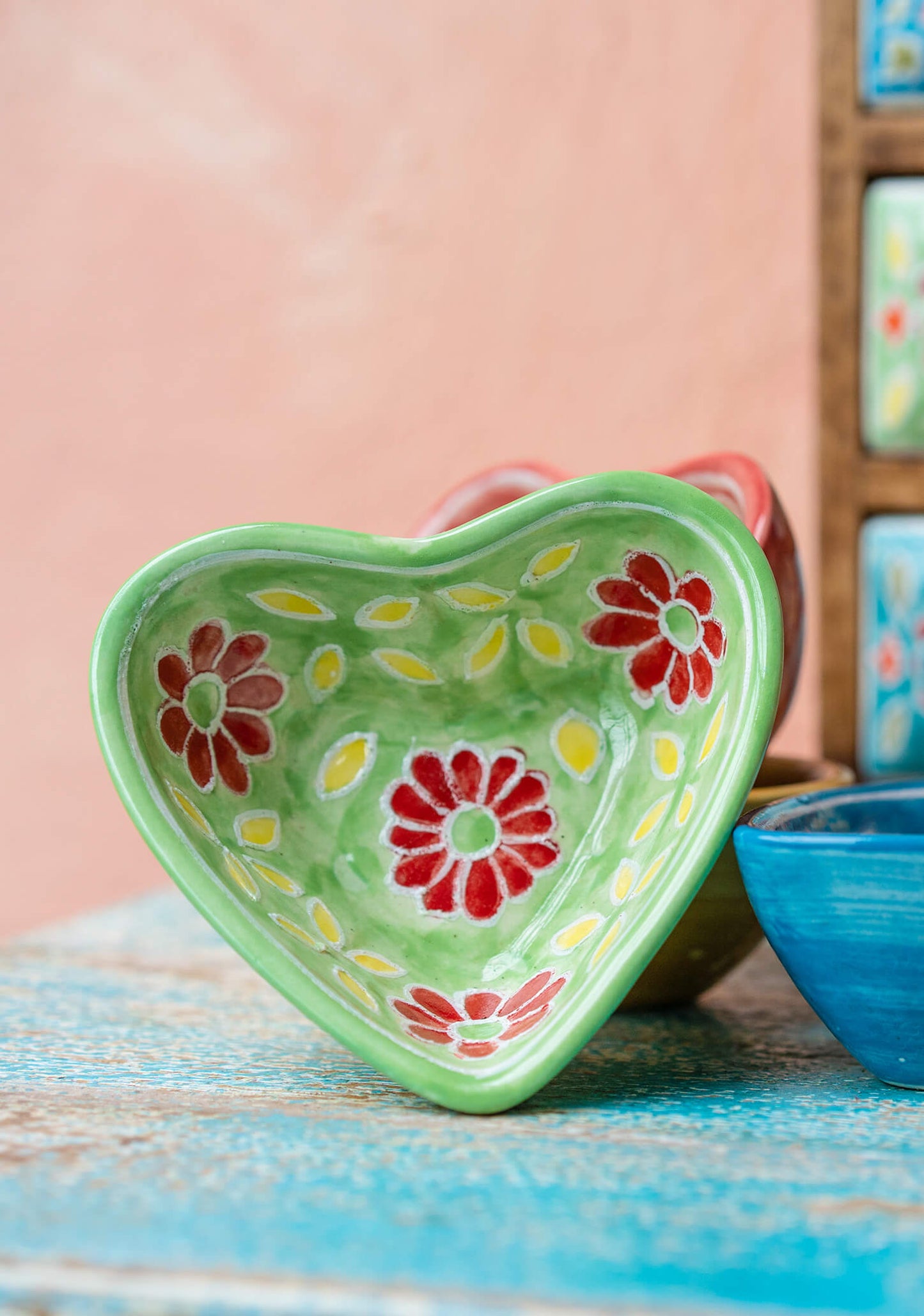 colorful heart ceramic trinket dish, trinket box hand painted by artisans in india. ethical and fair trade gift for mothers day or gift for her.