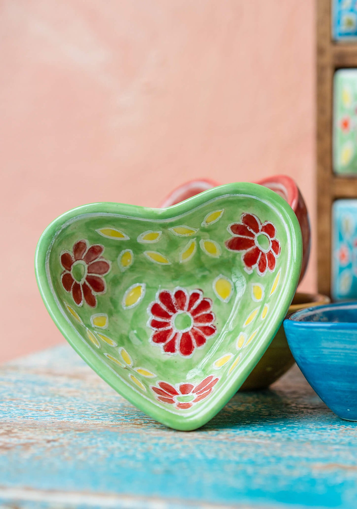 colorful heart ceramic trinket dish, trinket box hand painted by artisans in india. ethical and fair trade gift for mothers day or gift for her. 