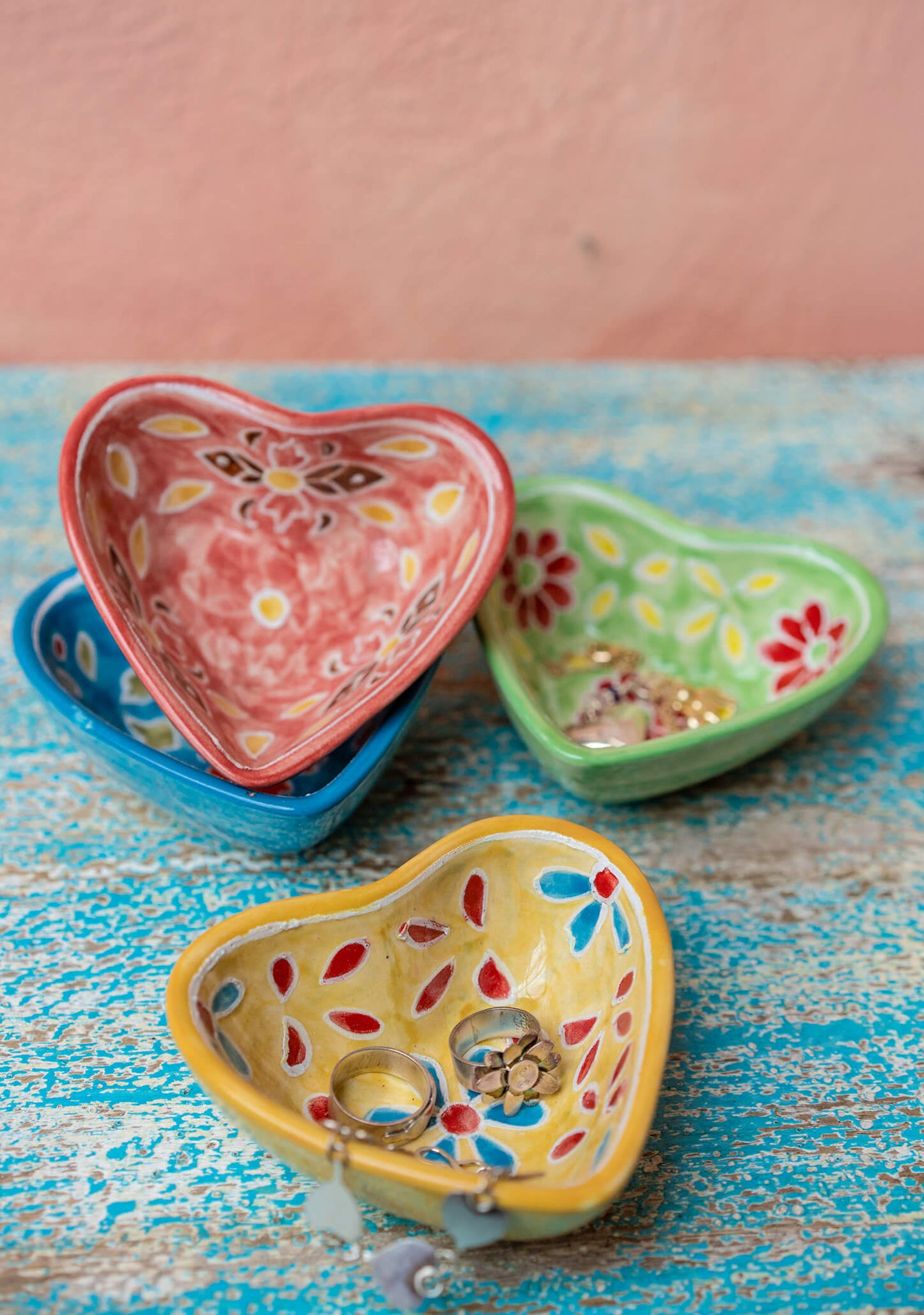 colorful heart ceramic trinket dish, trinket box hand painted by artisans in india. ethical and fair trade gift for mothers day or gift for her.