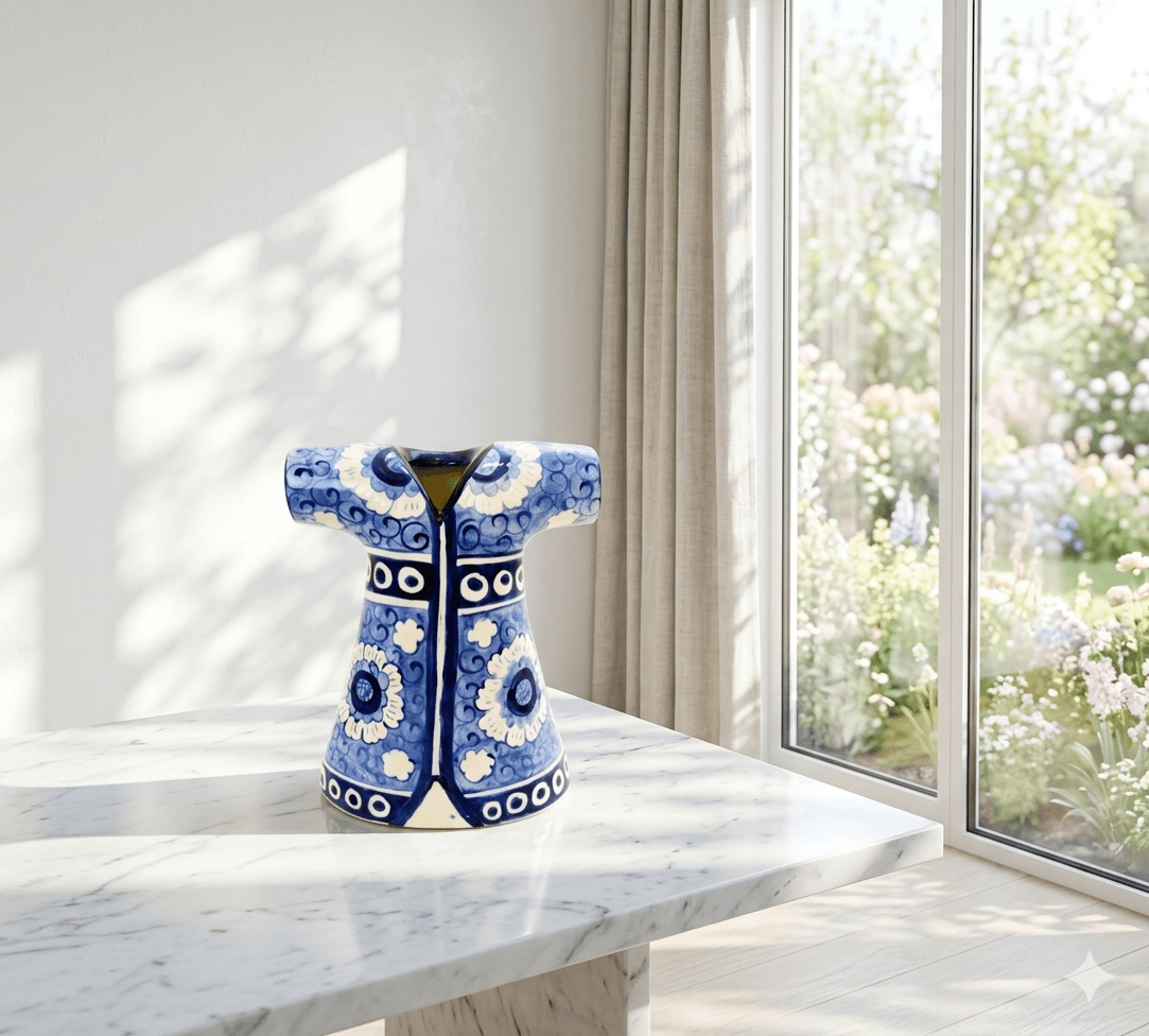 Blue White Ceramic Flower Vessel – 21cm Sculptural Vase