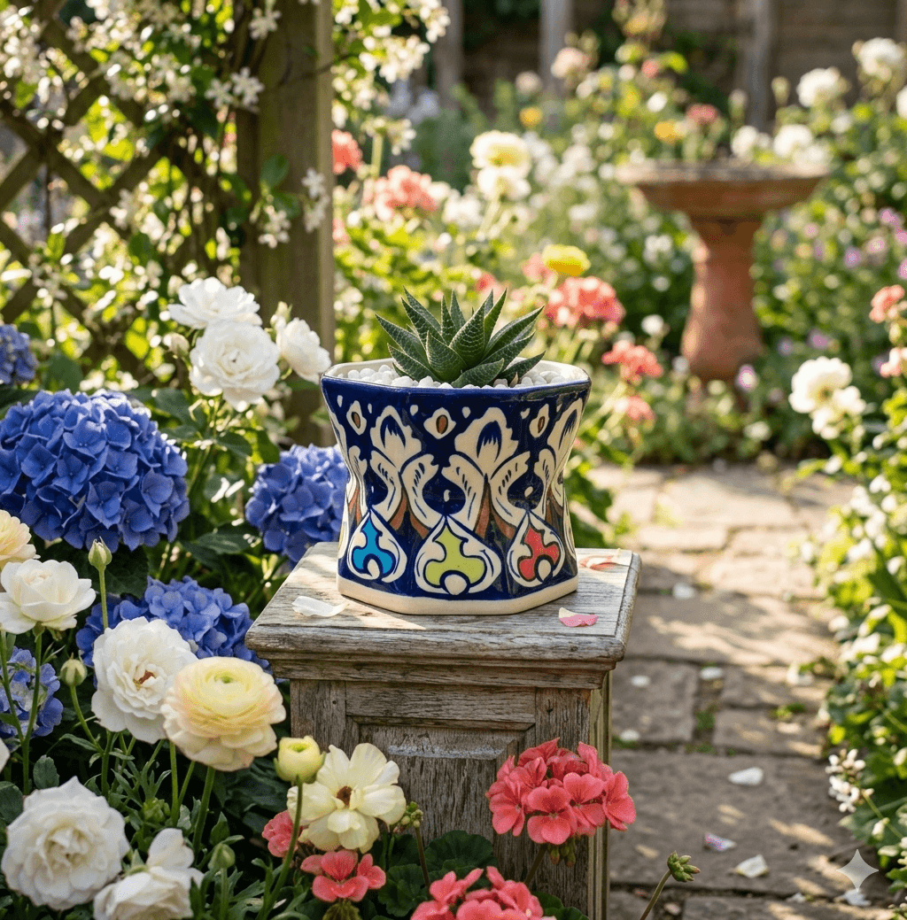 Small handmade floral ceramic succulent pot with traditional blue and white artistry