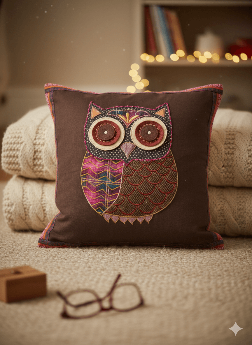 Handmade Tweed Applique Owl Cushion Cover - 45 x 45cm