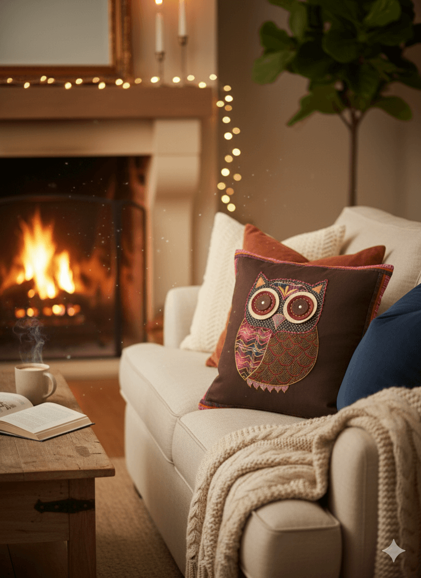 Handmade Tweed Applique Owl Cushion Cover - 45 x 45cm