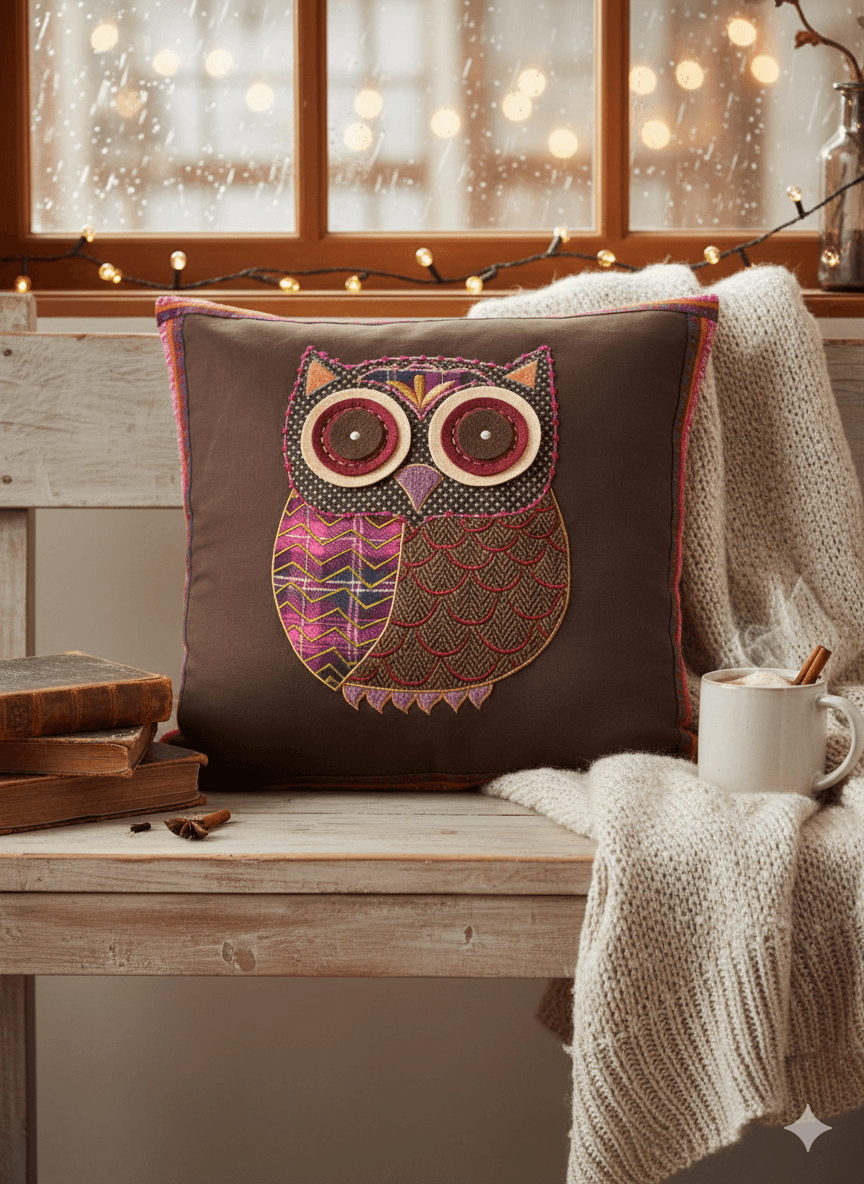 Handmade Tweed Applique Owl Cushion Cover - 45 x 45cm