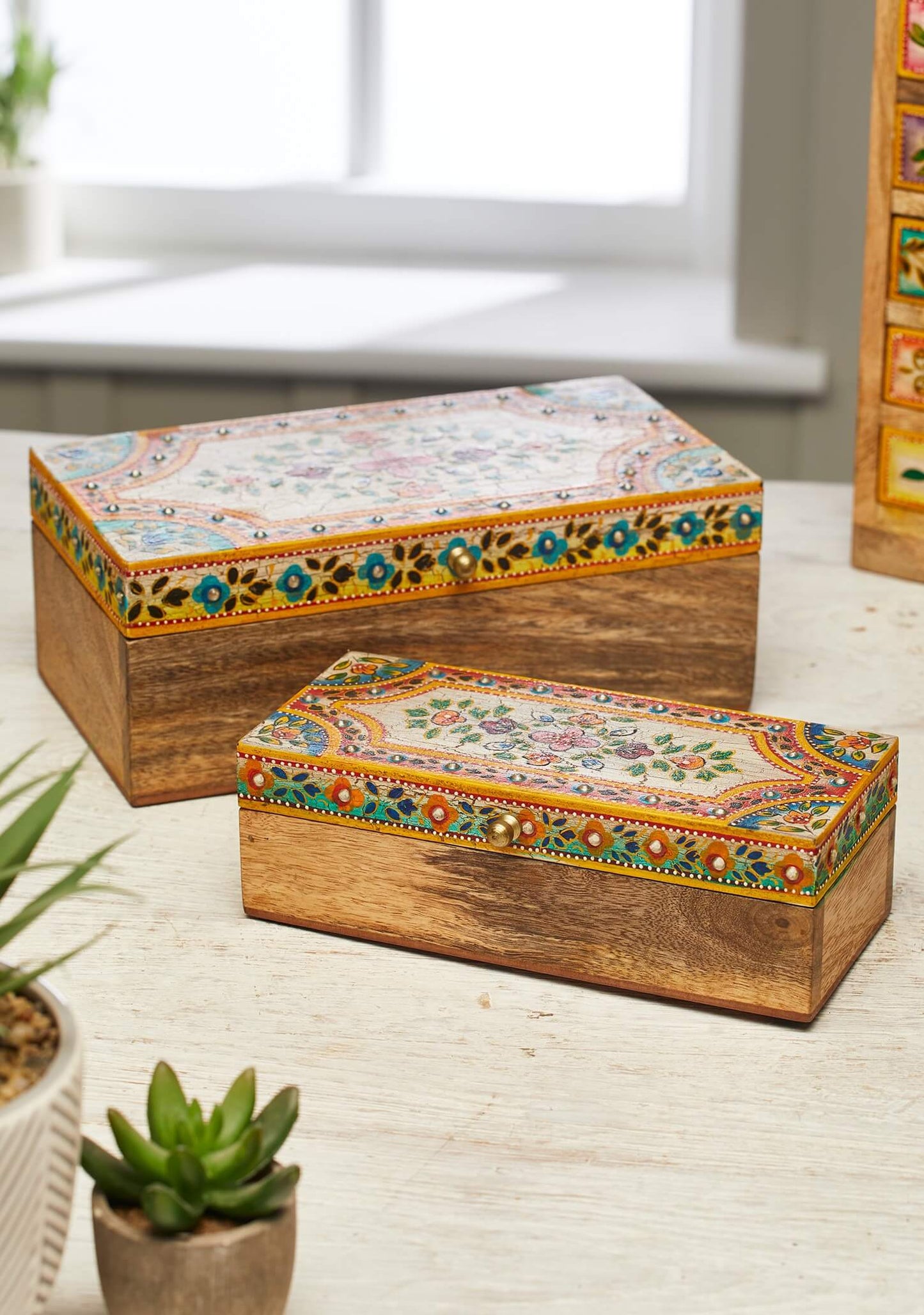 Handmade Wooden Floral Jewellery Box - Set Of Large & Small