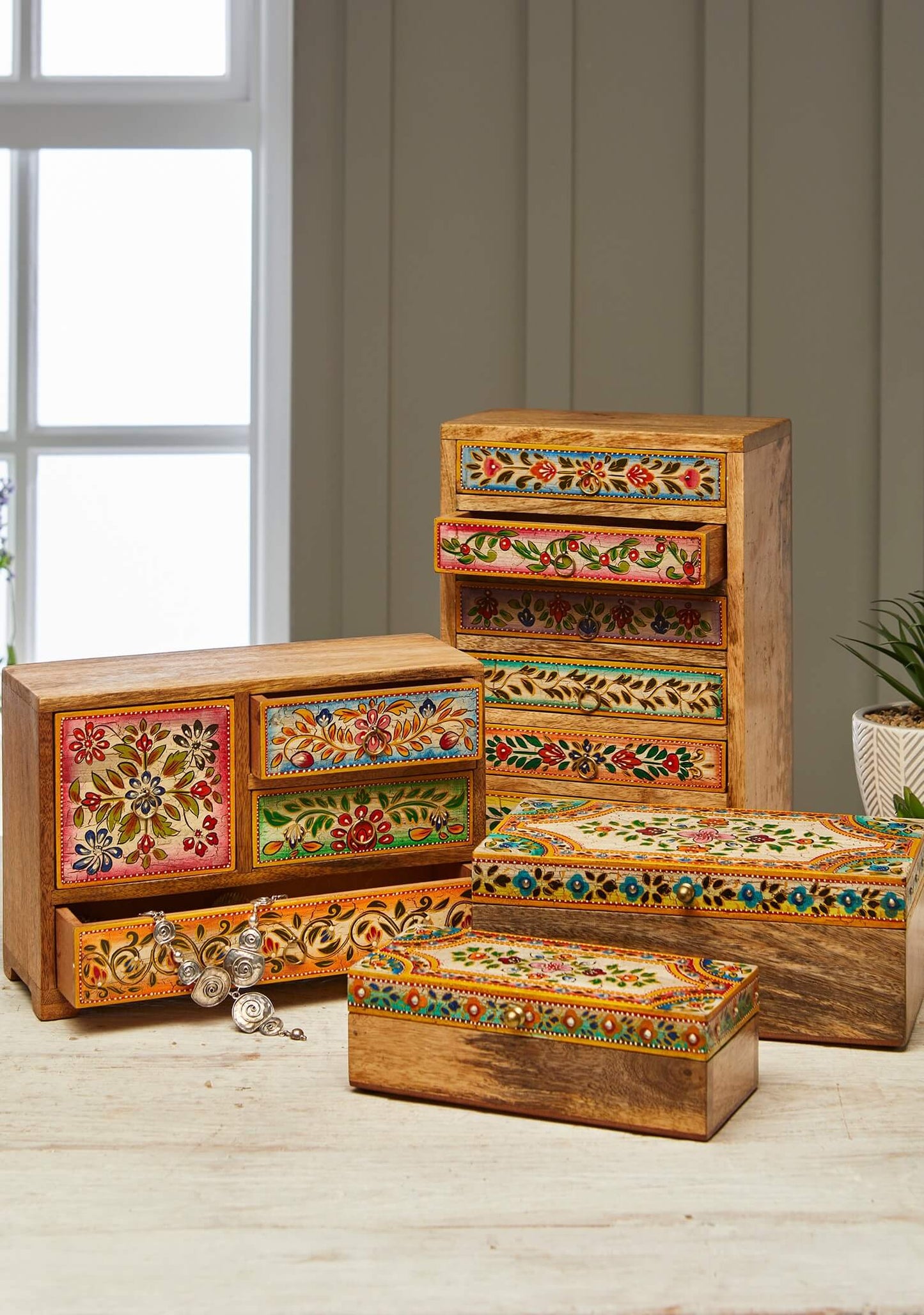 Handmade Wooden Floral Jewellery Box - Set Of Large & Small