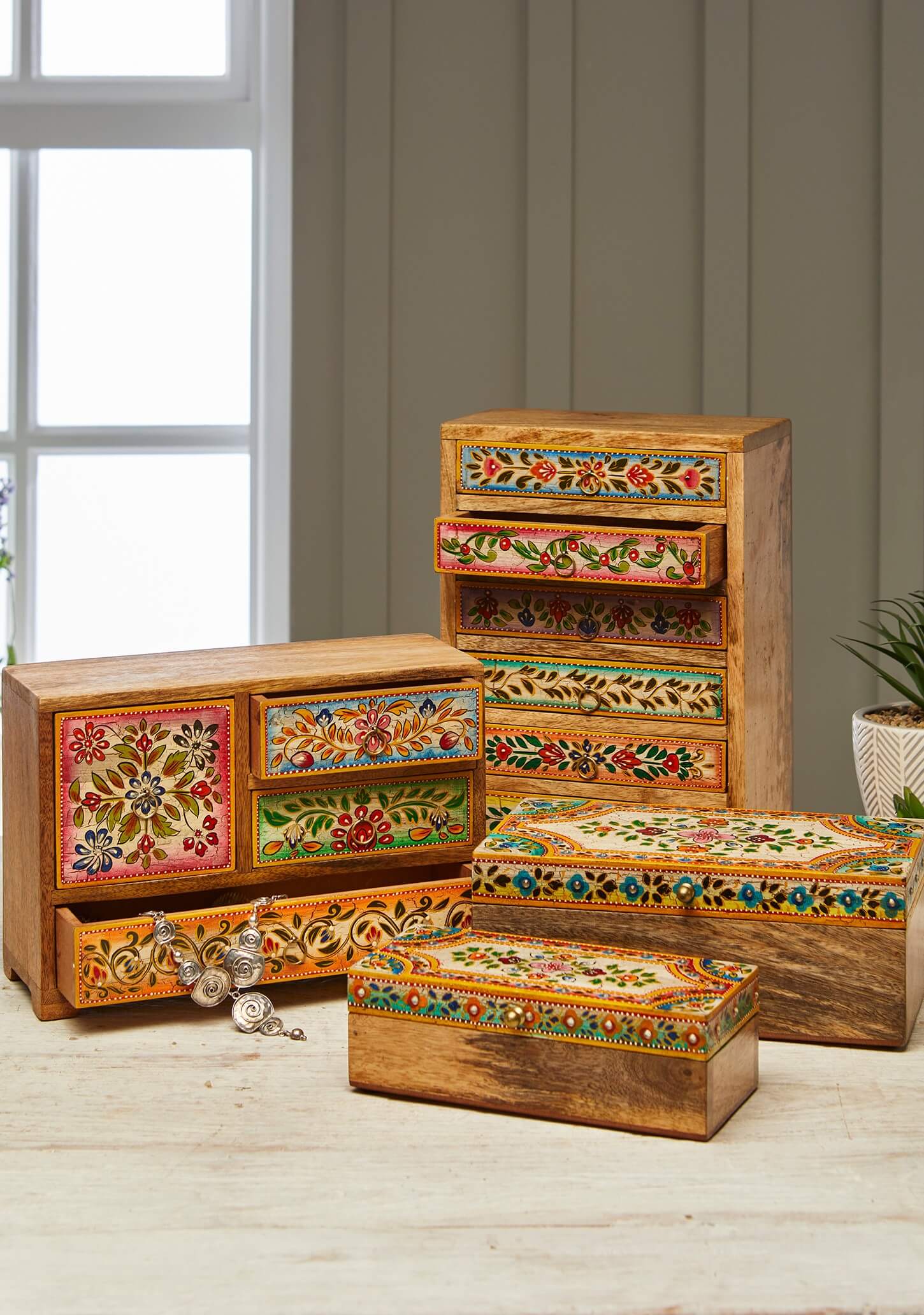 Handmade Wooden Floral Jewellery Box - Set Of Large & Small