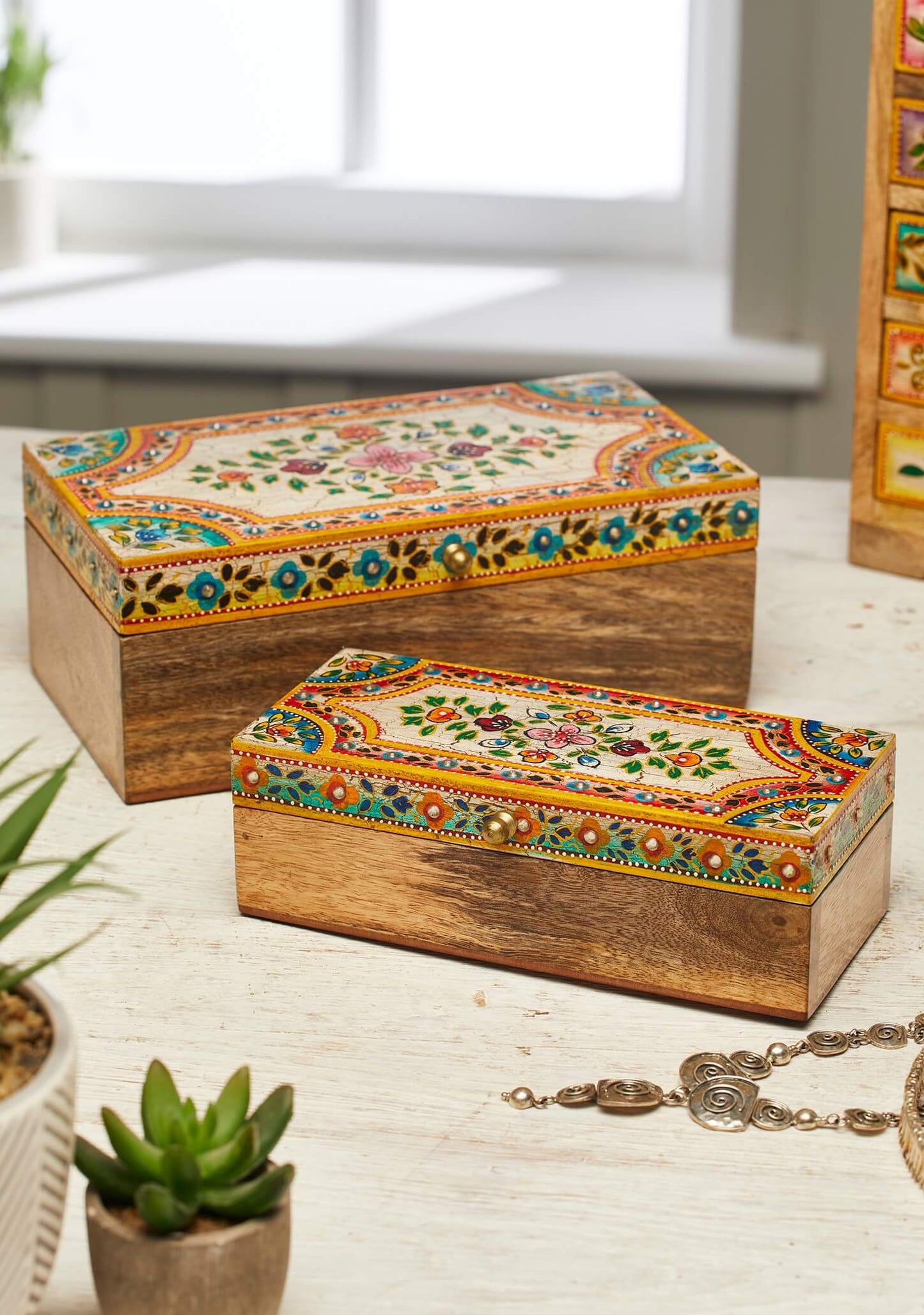 Handmade Wooden Floral Jewellery Box - Set Of Large & Small