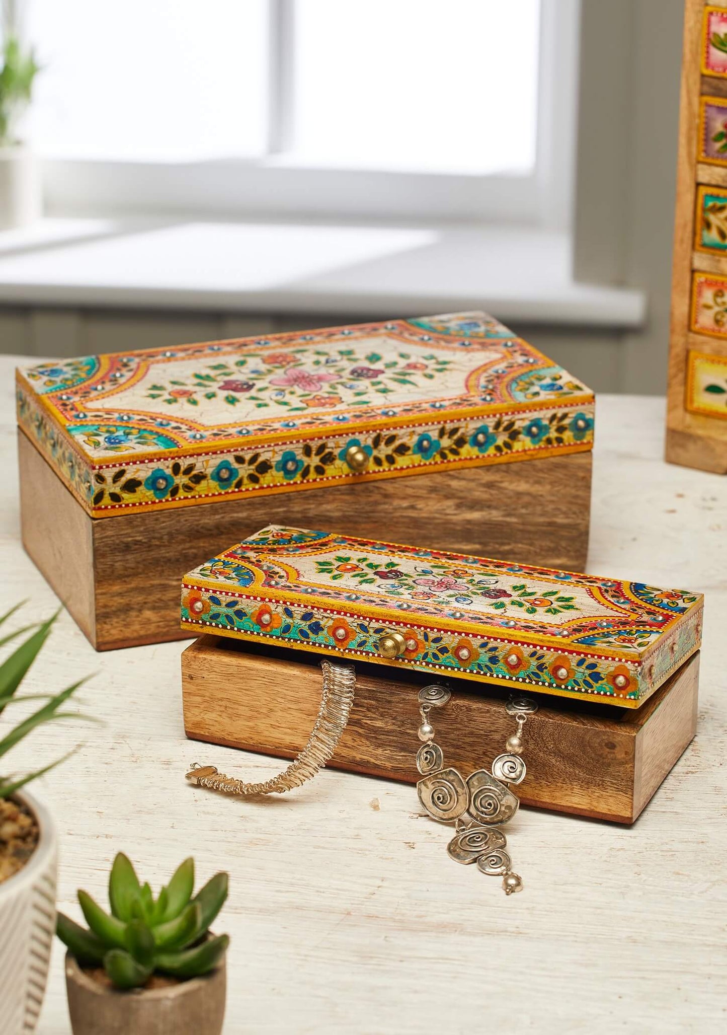 Handmade Wooden Floral Jewellery Box - Set Of Large & Small