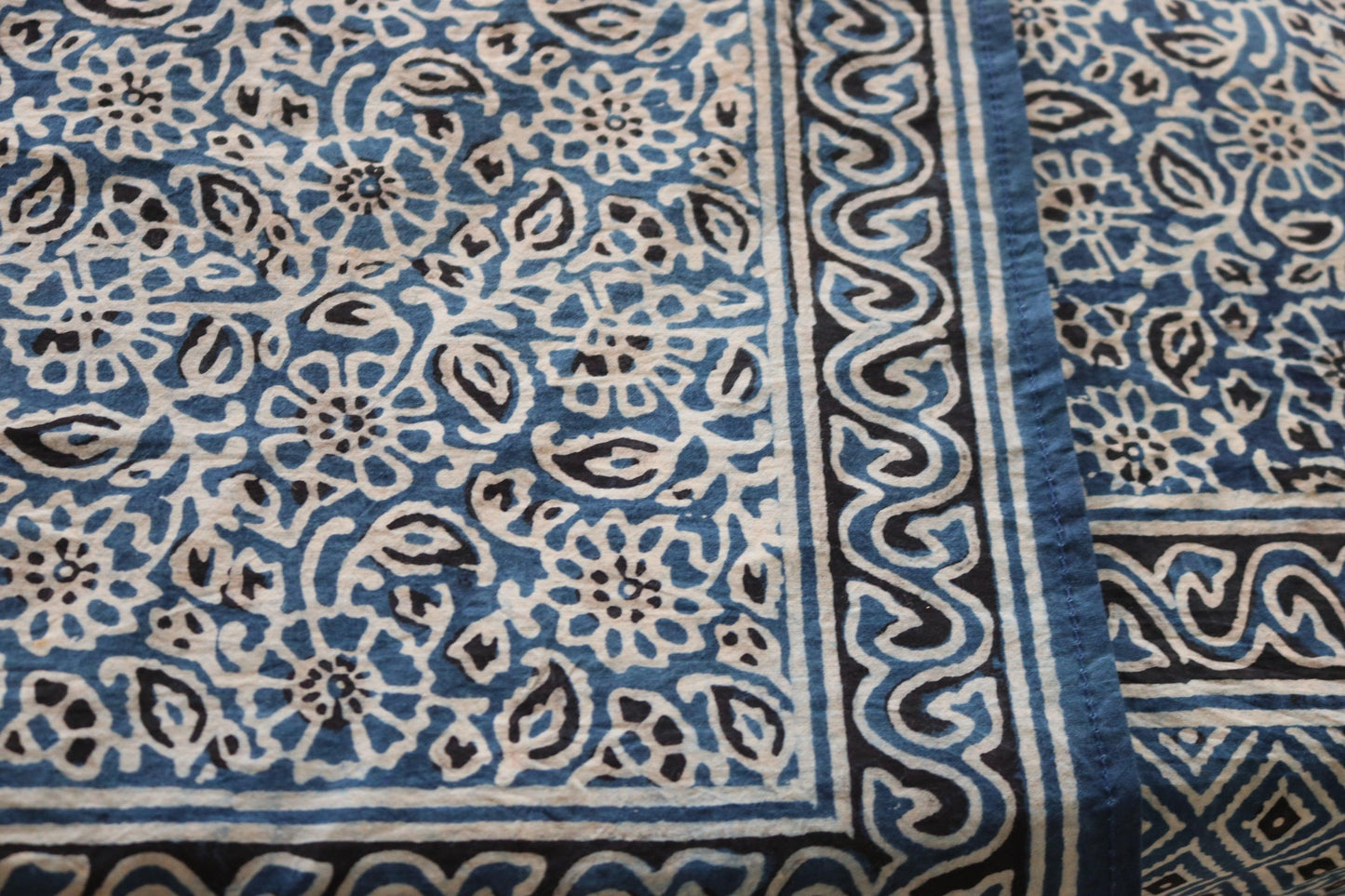 Handmade and ethically made eco-friendly indigo table cover with 8 napkins, naturally dyed.