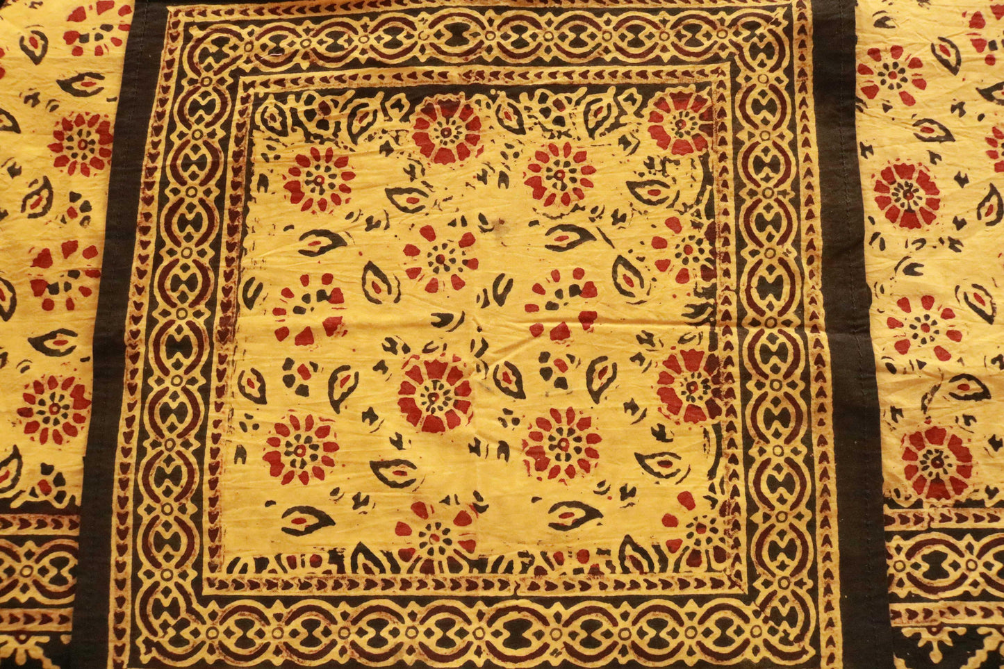 Yellow saffron hand-dyed block print table cover with 8 matching napkins - an eco-friendly and ethically made dining ensemble by Ethimaart.