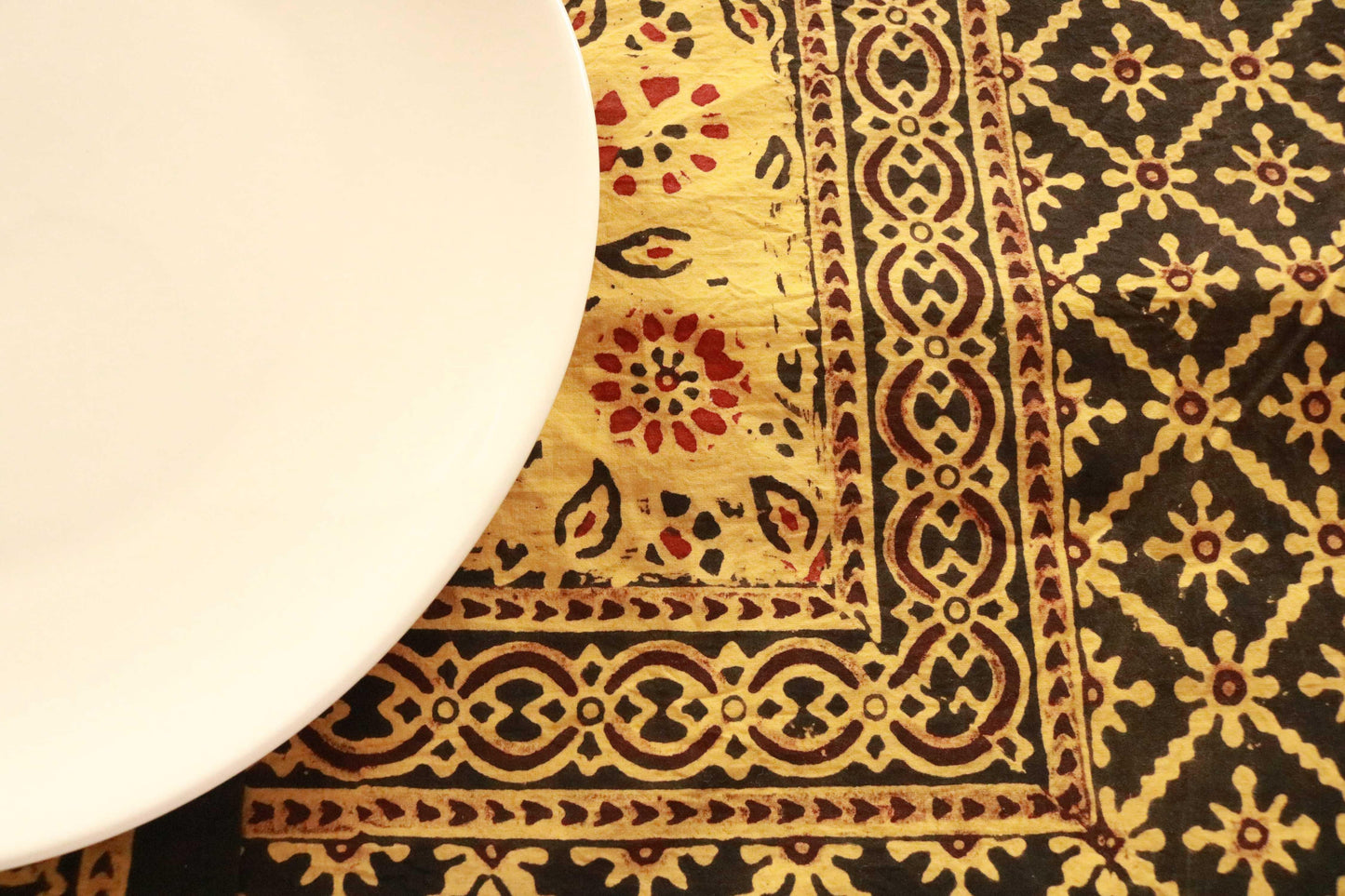 Yellow saffron hand-dyed block print table cover with 8 matching napkins - an eco-friendly and ethically made dining ensemble by Ethimaart.