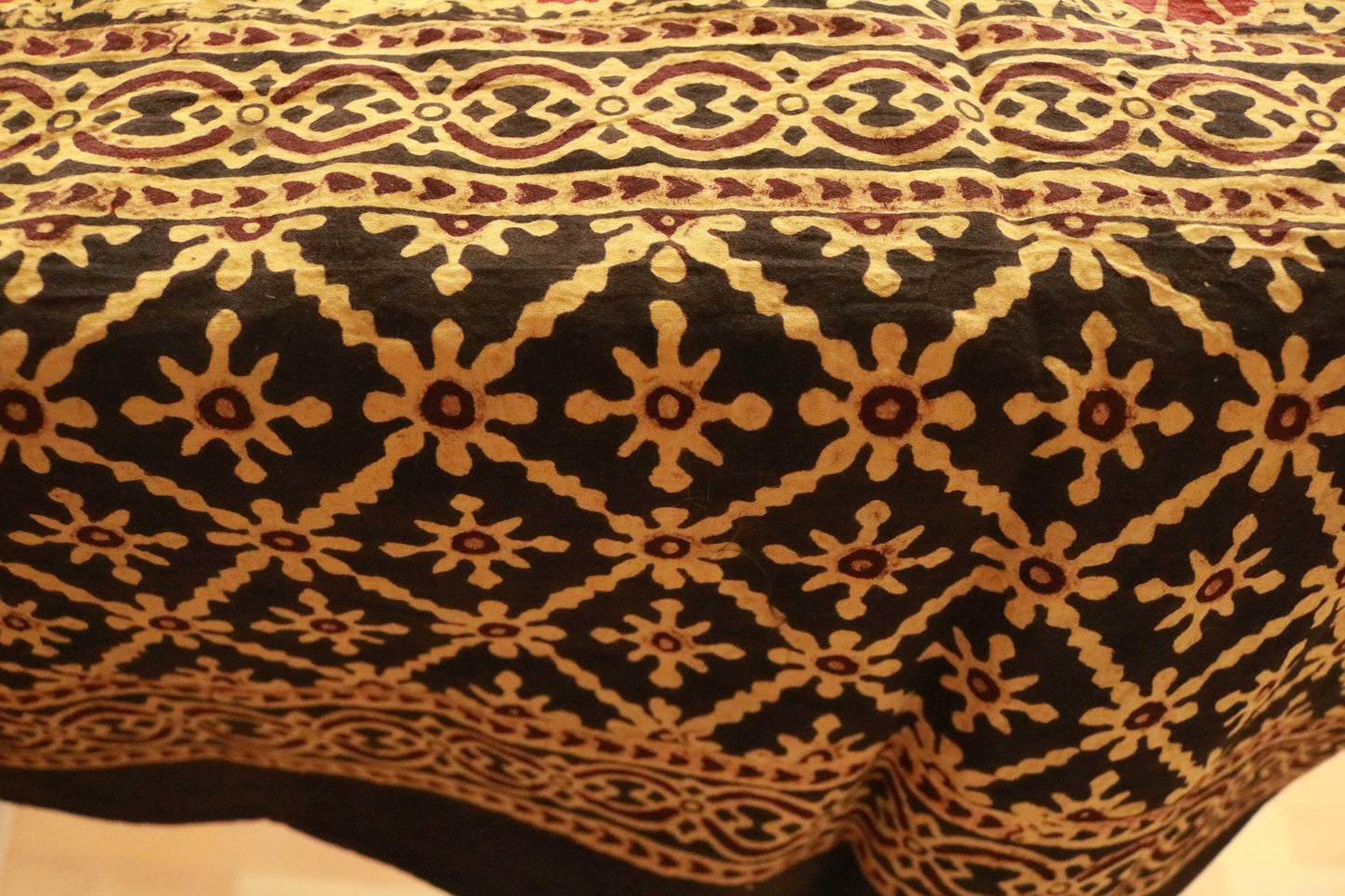 Yellow saffron hand-dyed block print table cover with 8 matching napkins - an eco-friendly and ethically made dining ensemble by Ethimaart.