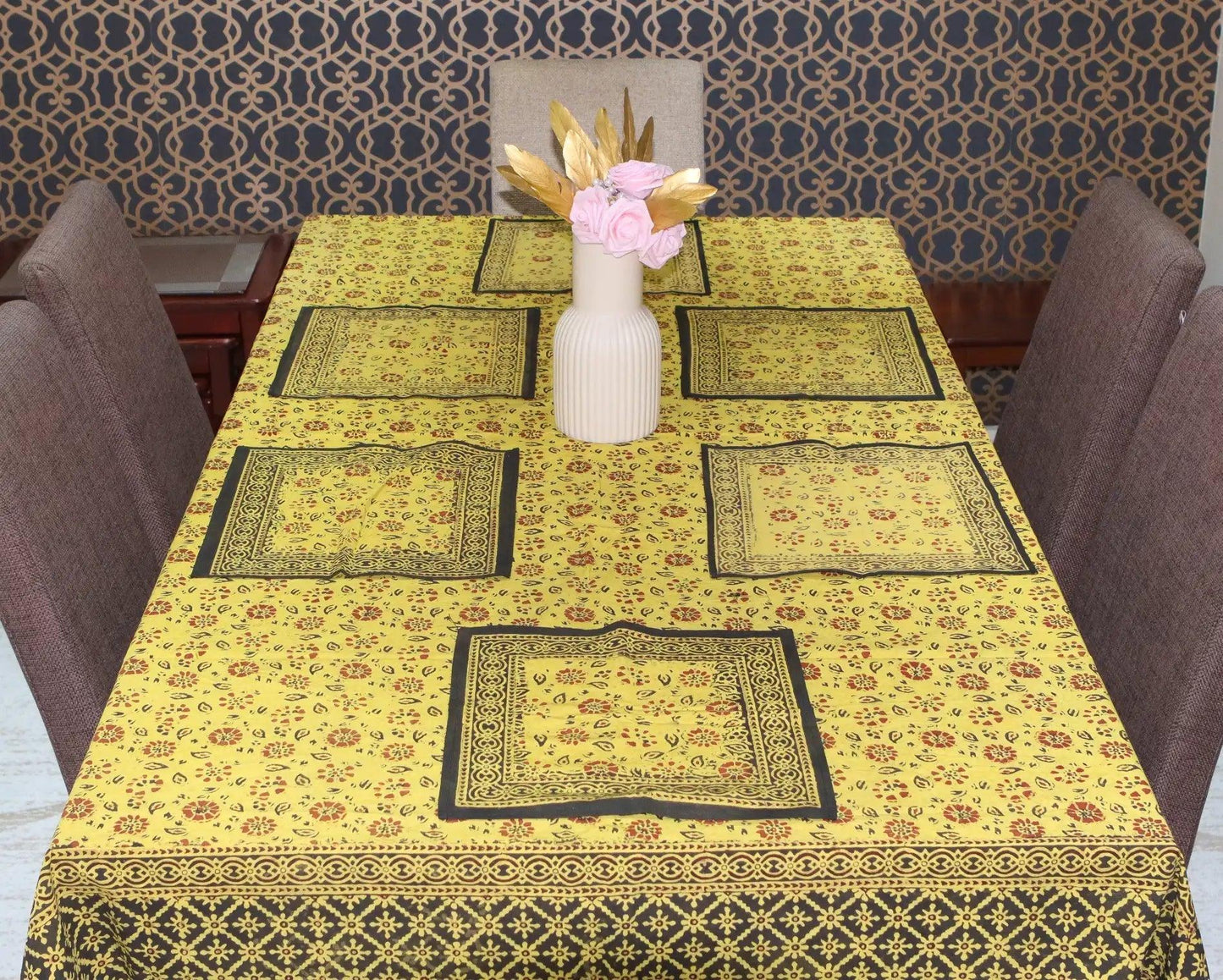 Saffron Natural Dye Table Cloth With 8 Napkins Set - Ethimaart