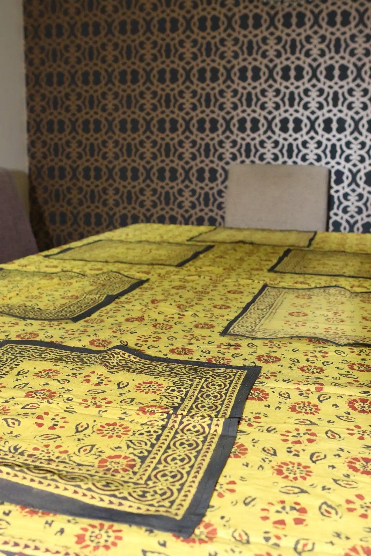 Saffron Natural Dye Table Cloth With 8 Napkins Set - Ethimaart