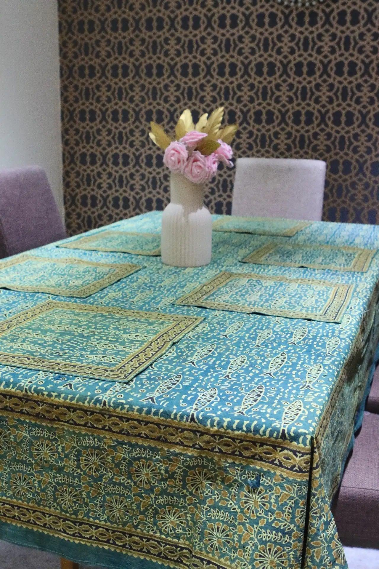 Gold Fish- Natural Dye Table Cloth With 8 Napkins Set - Ethimaart
