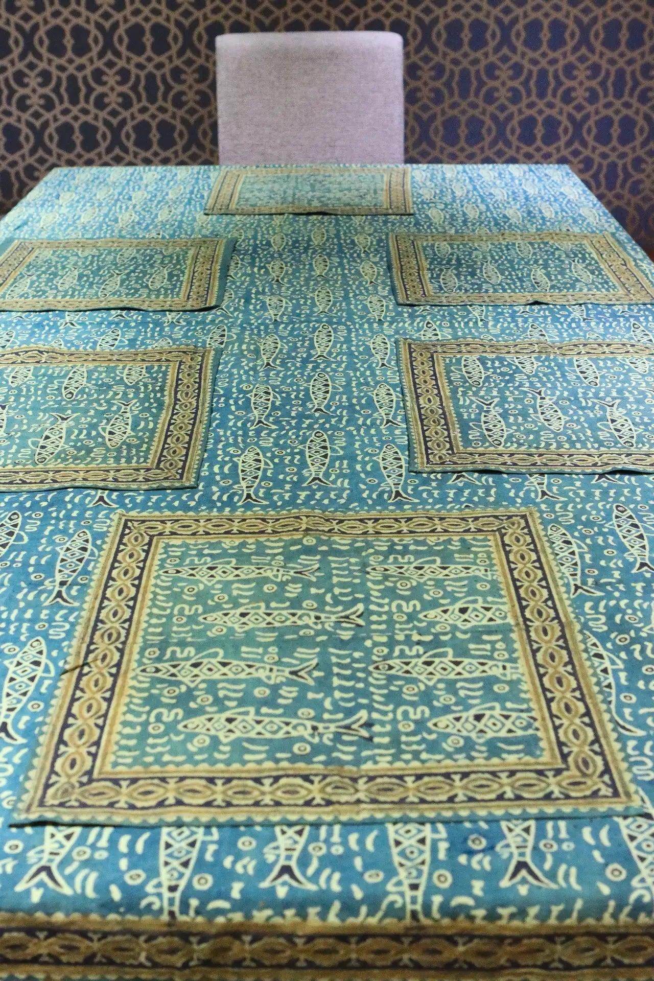 Gold Fish- Natural Dye Table Cloth With 8 Napkins Set - Ethimaart