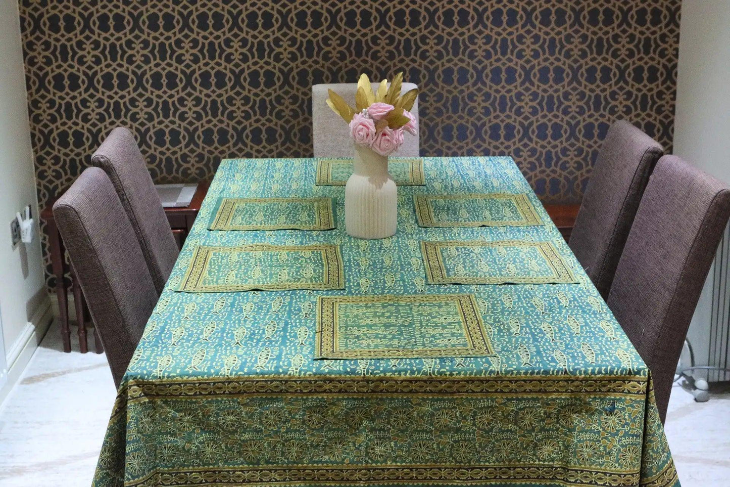 Gold Fish- Natural Dye Table Cloth With 8 Napkins Set - Ethimaart
