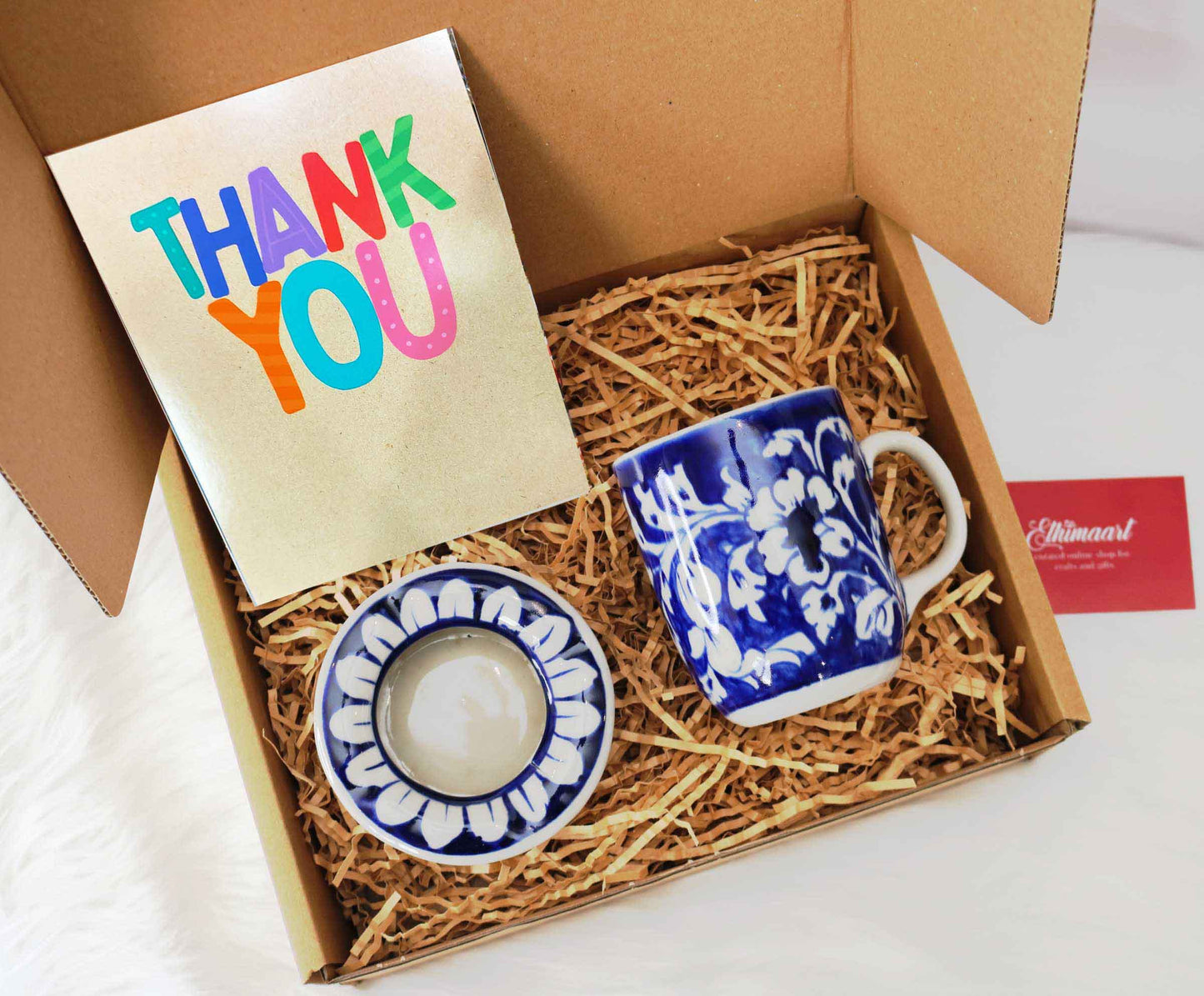 Client Thank You Gift - Ethical Corporate Hamper include blue white pottery mug with a matching ceramic trinket dish along with a thank you corporate card for client . all products are handmade ethically and fair trade by artisans