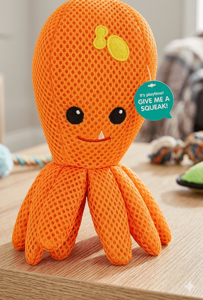 Orange plush toy with a tag on a wooden surface , Knitted Itenractive Plush