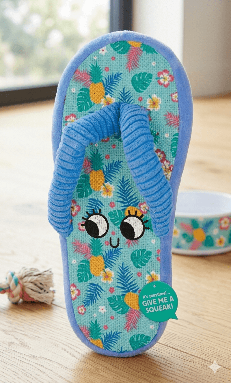 Flip flop dog toy with a colorful design and text on a wooden floor.