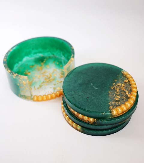 Green Resin Coasters With Holder | Drink Coasters | Sustainable Gift