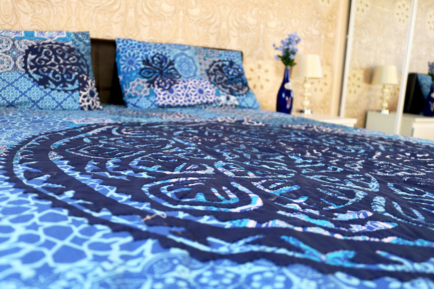Blue Applique Bedsheet With Pillowcases Ethimaart