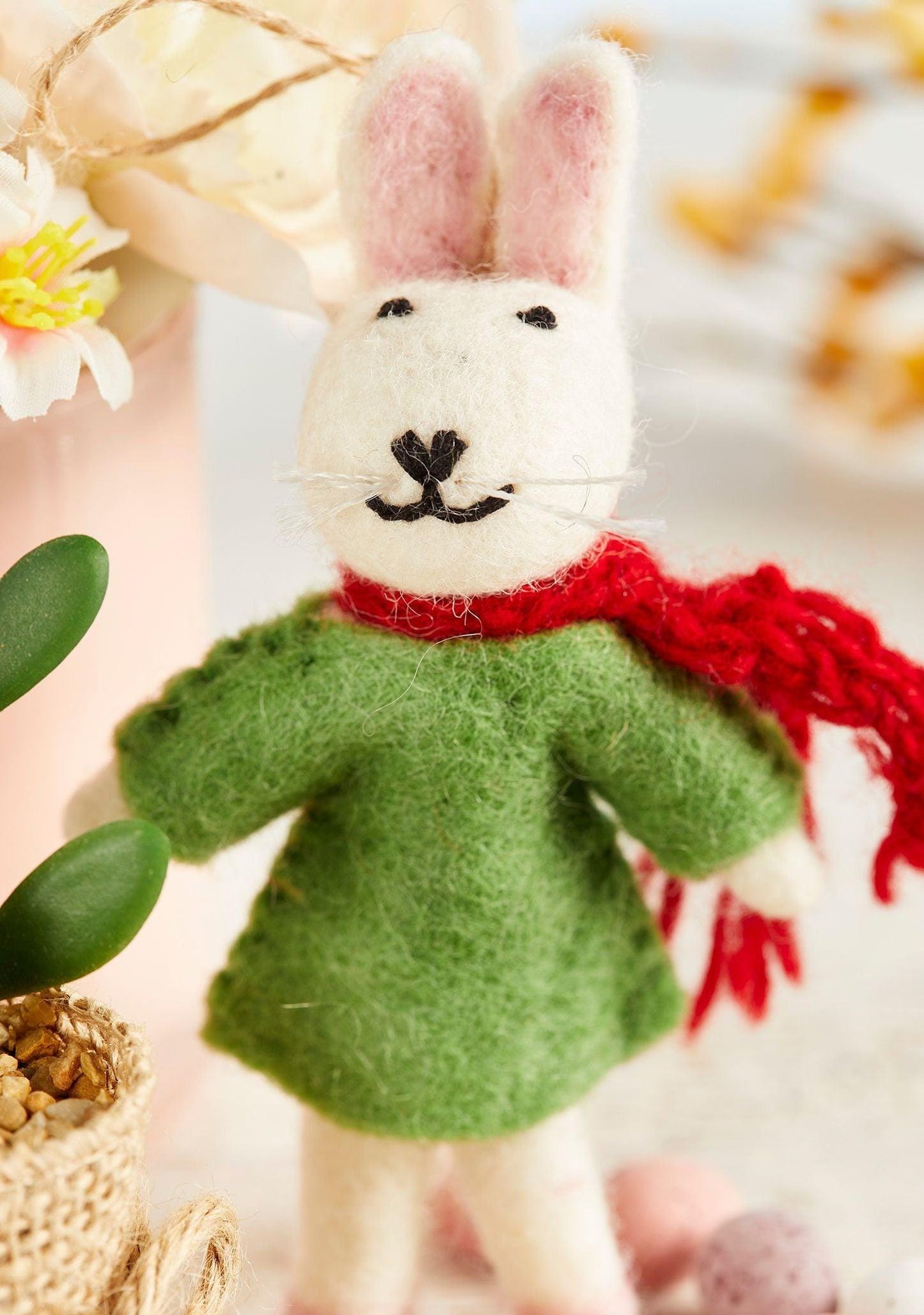 Felt Bunny In Green Dress And Red Scarf - Christmas Tree Decoration