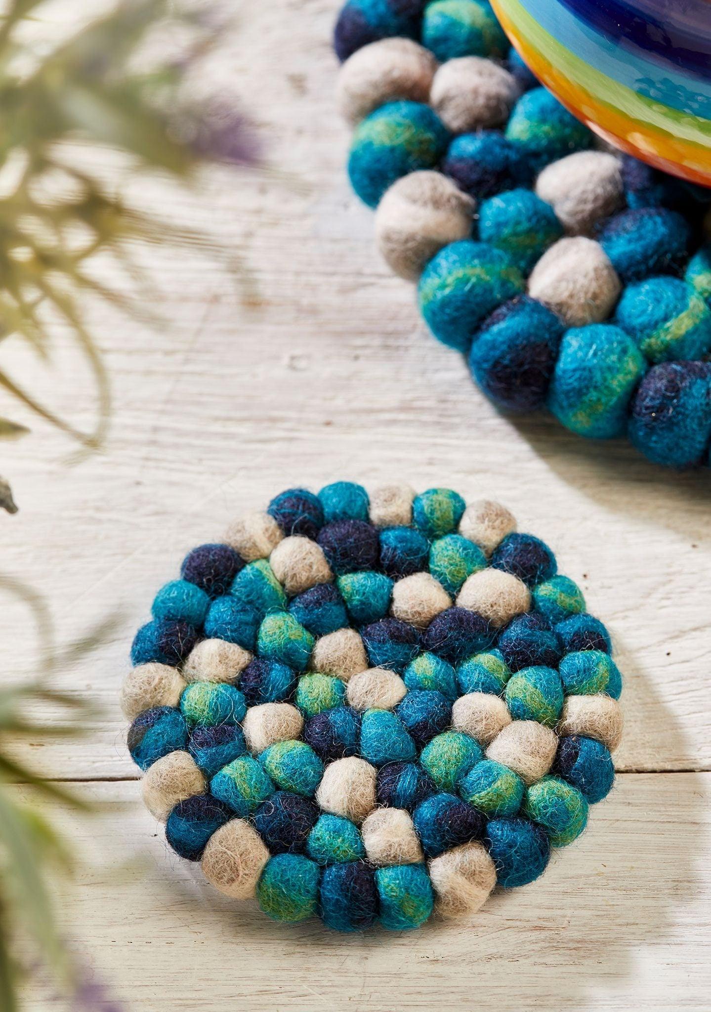 Set of 6 Coasters -Blue Felt Balls Ethimaart