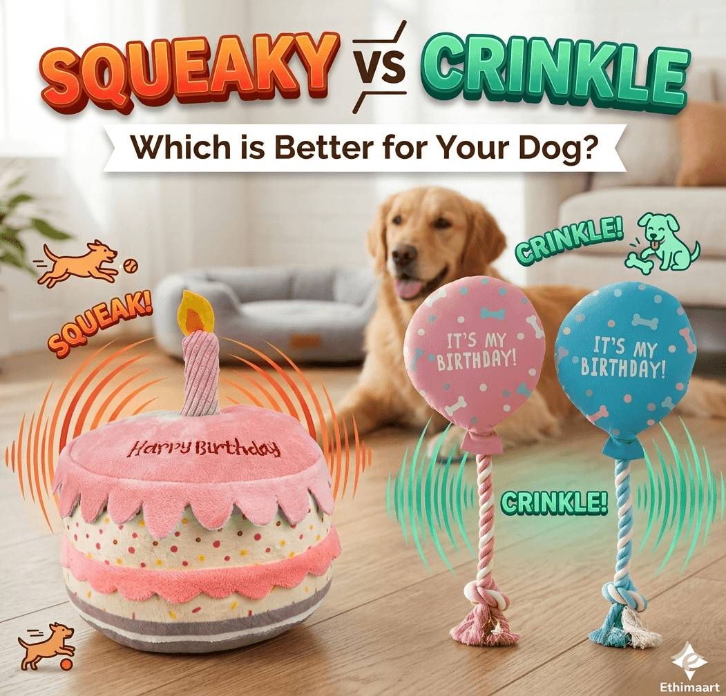 Squeaky vs Crinkle Dog Toys comparison featuring Ethimaart Birthday Cake and Birthday Balloon plush toys with a Golden Retriever in the background.
