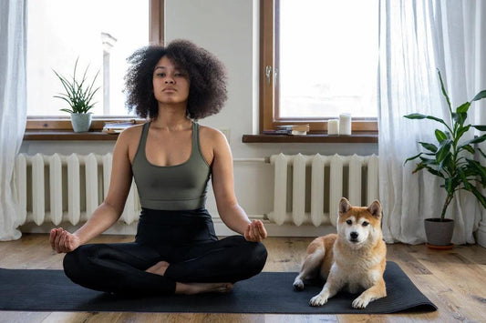 Girl doing yoga pose along with her dog on a yoga mat 