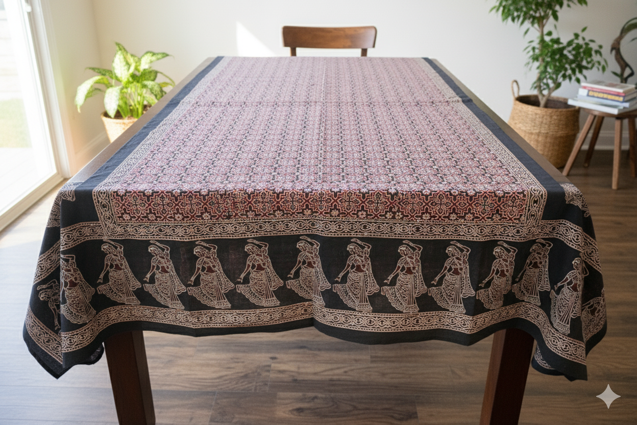 natural dye indigo dye table cloth with hand block print floral motifs by artisans in Pakistan on 100% cotton fabric for large and small tables for festive season