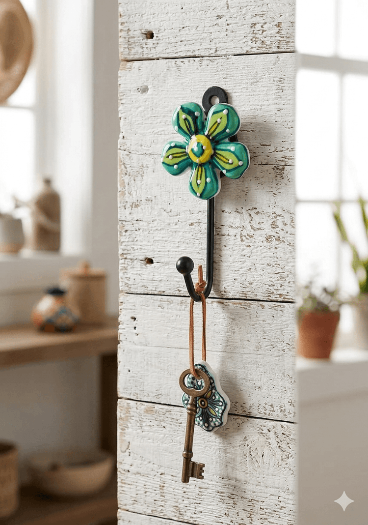 Small flower Key Hooks UK hanging on an entryway hall wall