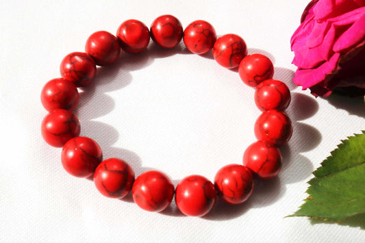 Beaded Bracelet : Discover sophistication with our Men Crimson Bracelet featuring 12 mm Red Turquoise Gemstone. Handcrafted for versatility, it's a unique boho-inspired bracelet. Perfect as a Valentine's Day gift or unique accessory for any occasion. Adjustable for comfort and style. Shop now at Ethimaart.