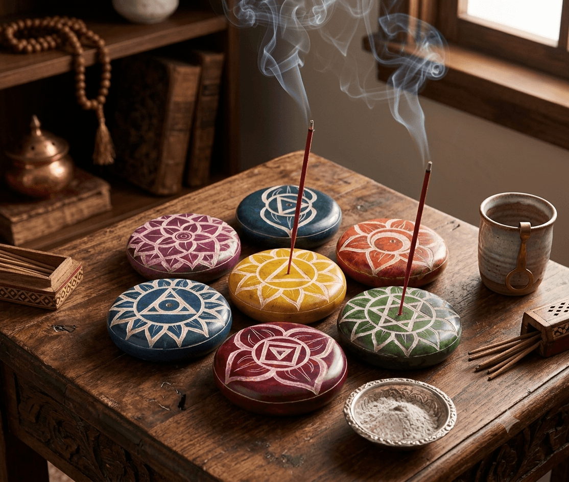 Small 7 Chakras Incense Stick Burner - Hand Carved (7 cm)
