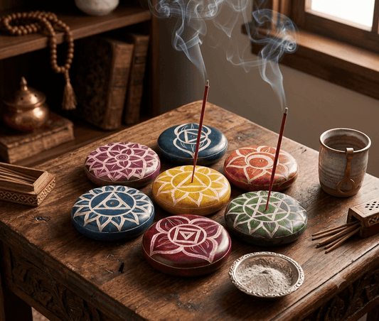 Small 7 Chakras Incense Stick Burner - Hand Carved (7 cm)