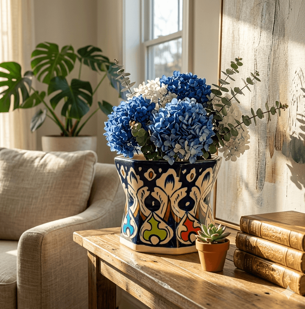 Artisanal Pakistani-style blue pottery vessel, 12cm diameter, on a sun-drenched table