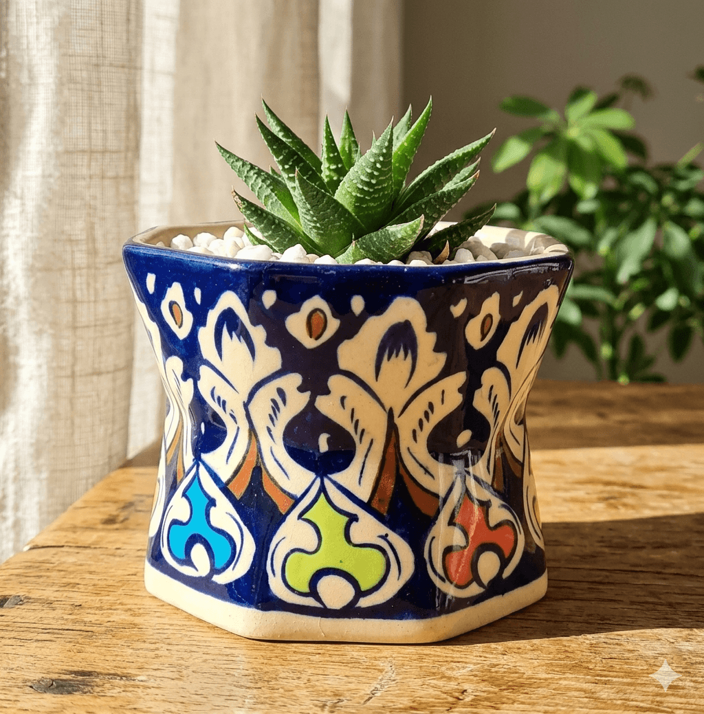 Hand-painted cobalt blue ceramic planter with intricate white and yellow floral patterns