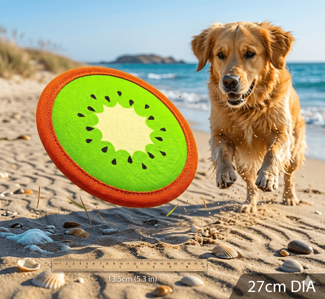 Dog running on a beach with a green and lemon frisbee shaped fruit flyer dog toy
