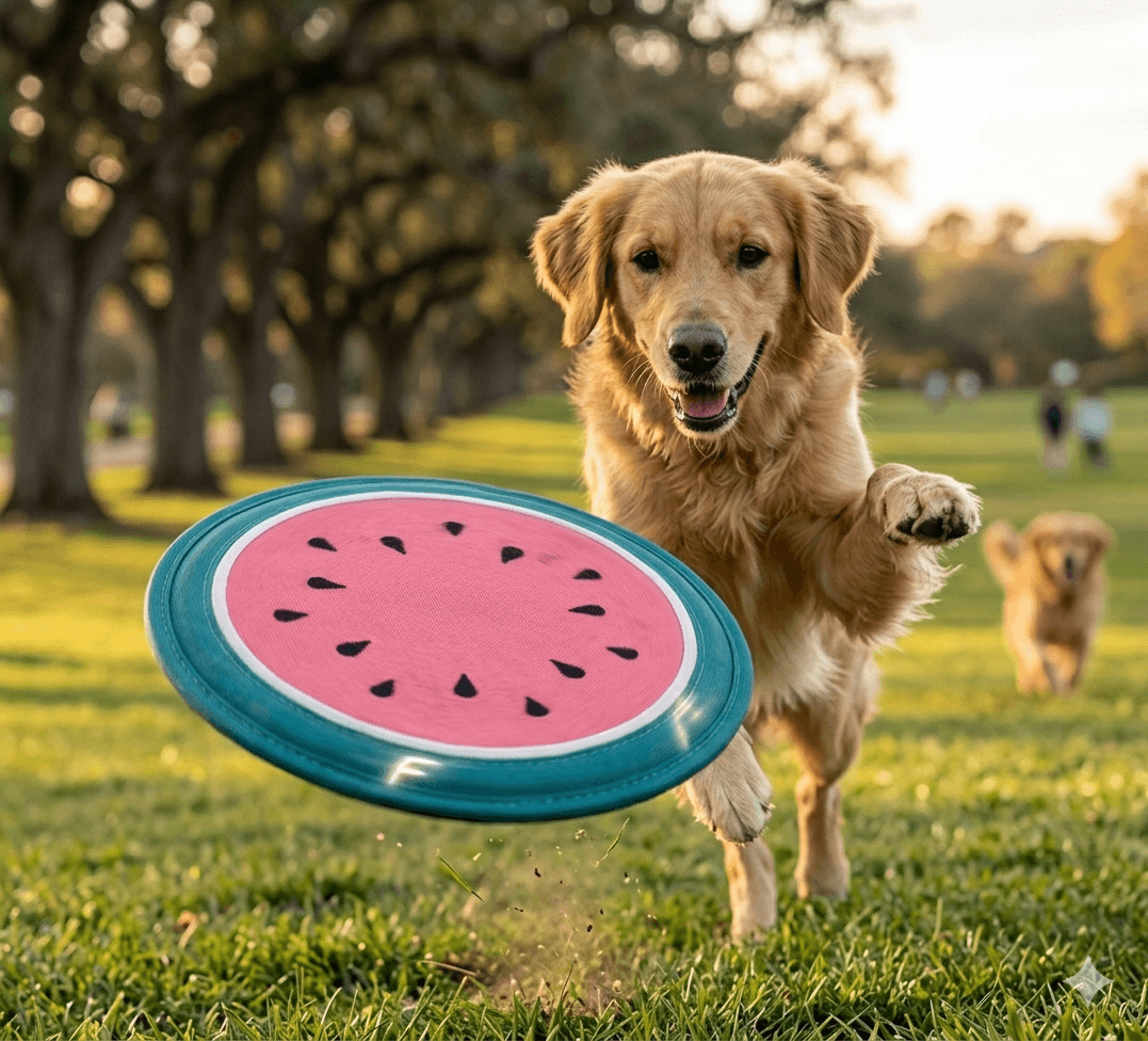 Dog running with a watermelon-patterned frisbee in a park fruit flyer dog toy 